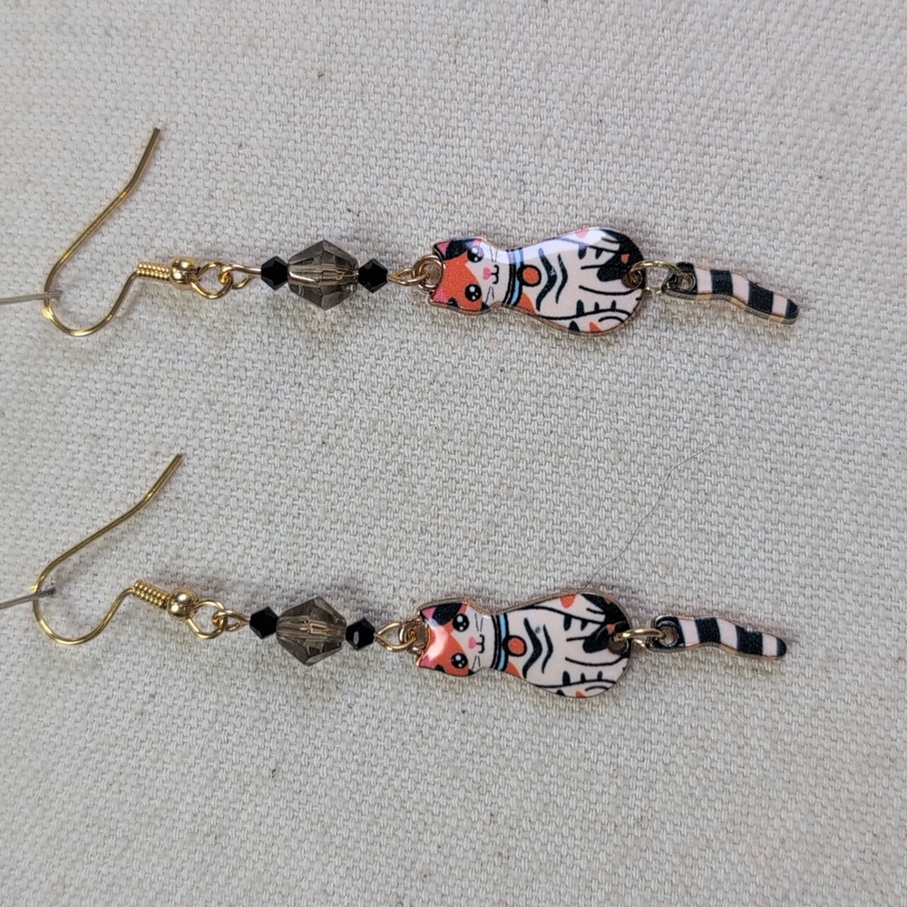 Handmade Calico Cat Drop Earrings Made With Swarovski & Czech Glass Beads